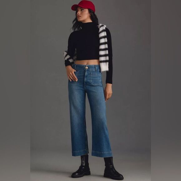 Anthropolgie Pilcro NWT The Skipper Cropped High-Rise Wide-Leg Jeans Med Blue 29 - Picture 4 of 16